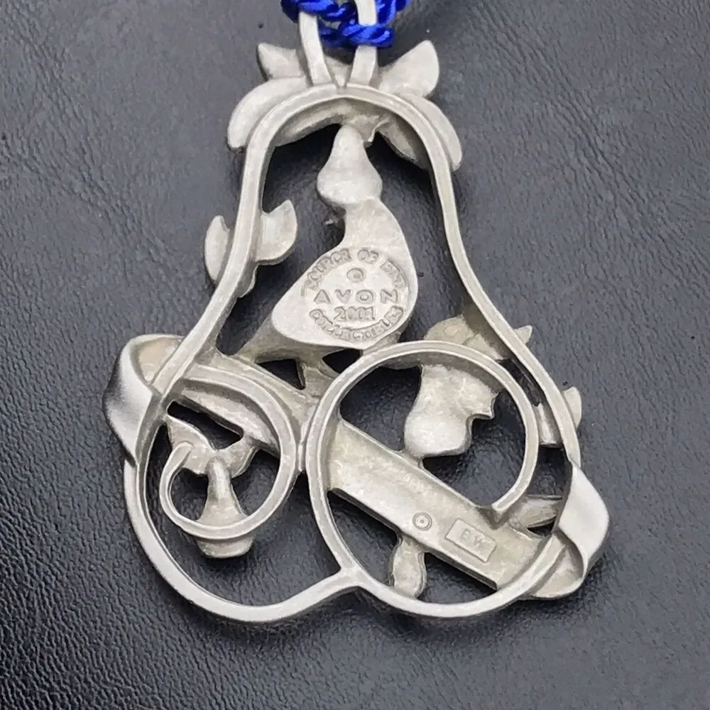 AVON Silver Blue Partridge Pear Tree Ornament 2001 Commemorative Collectible